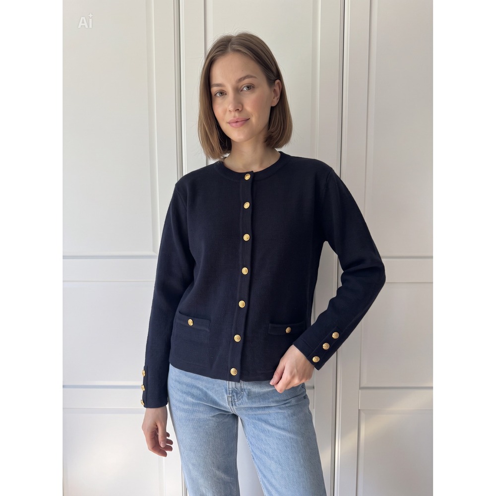 Talbots Navy Blue 100% Merino Wool Cardigan Gold Crest Button Sweater Womens M